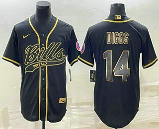 Men's Buffalo Bills #14 Stefon Diggs Black Gold With Patch Cool Base Stitched Baseball Jersey