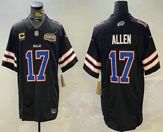 Men's Buffalo Bills #17 Josh Allen Black 2024 AFC East Champions With C Ptach Throwback FUSE Jersey