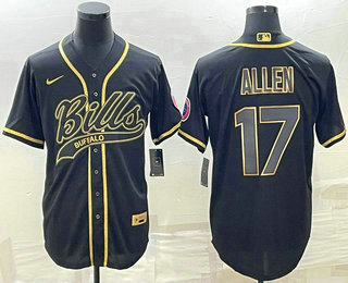 Men's Buffalo Bills #17 Josh Allen Black Gold Edition With Patch Cool Base Stitched Baseball Jersey