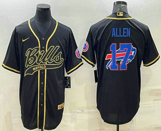 Men's Buffalo Bills #17 Josh Allen Black Gold Team Big Logo With Patch Cool Base Stitched Baseball Jersey