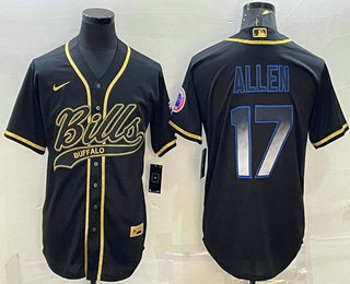 Men's Buffalo Bills #17 Josh Allen Black Gold Vapor Smoke With Patch Cool Base Stitched Baseball Jersey