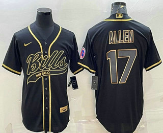 Men's Buffalo Bills #17 Josh Allen Black Gold With Patch Cool Base Stitched Baseball Jersey