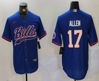 Men's Buffalo Bills #17 Josh Allen Blue Pinstripe With Patch Cool Base Stitched Baseball Jersey