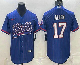 Men's Buffalo Bills #17 Josh Allen Blue With Patch Cool Base Stitched Baseball Jersey