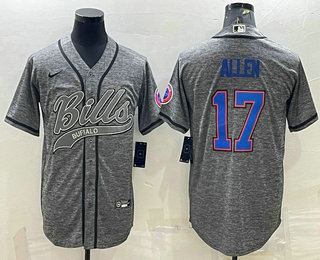 Men's Buffalo Bills #17 Josh Allen Grey Gridiron With Patch Cool Base Stitched Baseball Jersey