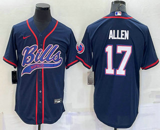 Men's Buffalo Bills #17 Josh Allen Navy With Patch Cool Base Stitched Baseball Jersey