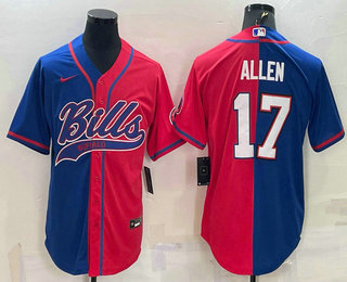 Men's Buffalo Bills #17 Josh Allen Royal Red Split With Patch Cool Base Stitched Baseball Jersey