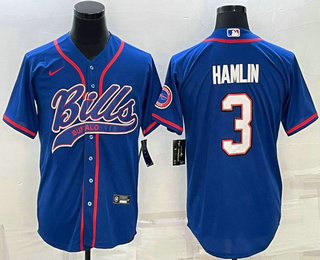 Men's Buffalo Bills #3 Damar Hamlin Blue With Patch Cool Base Stitched Baseball Jersey