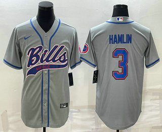 Men's Buffalo Bills #3 Damar Hamlin Grey With Patch Cool Base Stitched Baseball Jersey