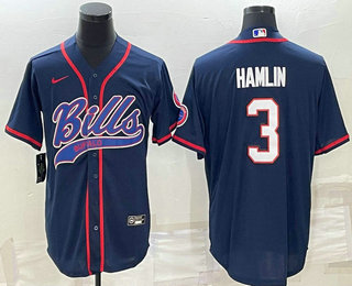 Men's Buffalo Bills #3 Damar Hamlin Navy Blue With Patch Cool Base Stitched Baseball Jersey