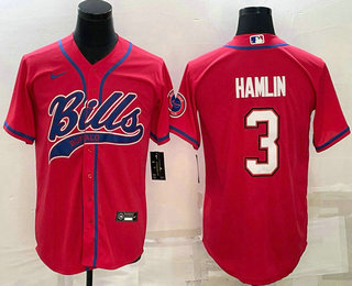 Men's Buffalo Bills #3 Damar Hamlin Red With Patch Cool Base Stitched Baseball Jersey