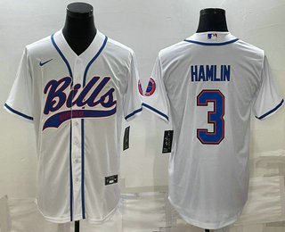 Men's Buffalo Bills #3 Damar Hamlin White With Patch Cool Base Stitched Baseball Jersey