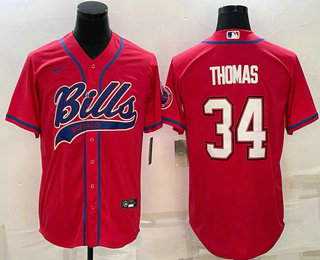 Men's Buffalo Bills #34 Thurman Thomas Red With Patch Cool Base Stitched Baseball Jersey