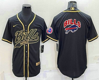 Men's Buffalo Bills Black Team Big Logo With Patch Cool Base Stitched Baseball Jersey