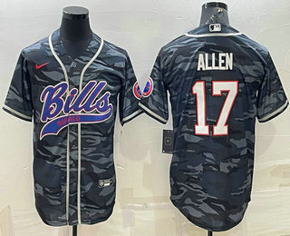 Men's Buffalo Bills #17 Josh Allen Grey Navy Camo With Patch Cool Base Stitched Baseball Jersey