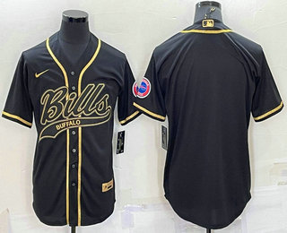 Men's Buffalo Bills Blank Black Gold With Patch Cool Base Stitched Baseball Jersey