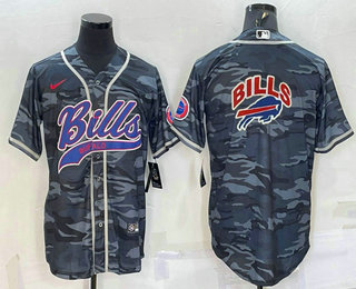 Men's Buffalo Bills Blank Grey Camo Team Big Logo With Patch Cool Base Stitched Baseball Jersey