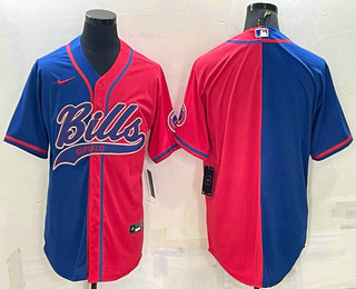 Men's Buffalo Bills Blank Royal Red Split With Patch Cool Base Stitched Baseball Jersey