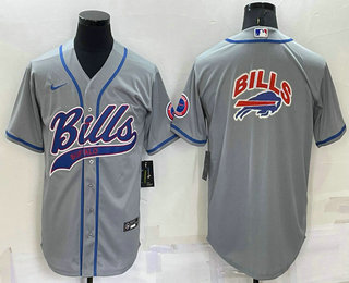 Men's Buffalo Bills Grey Team Big Logo With Patch Cool Base Stitched Baseball Jersey