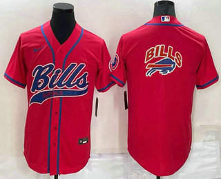 Men's Buffalo Bills Red Team Big Logo With Patch Cool Base Stitched Baseball Jersey