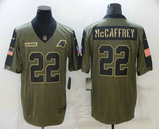 Men's Carolina Panthers #22 Christian McCaffrey 2021 Olive Salute To Service Limited Stitched Jersey