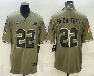 Men's Carolina Panthers #22 Christian McCaffrey Olive 2022 Salute To Service Limited Stitched Jersey