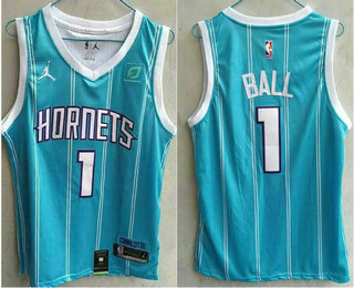 Men's Charlotte Hornets #1  LaMelo Ball Light Blue 2022 Brand Jordan Swingman Jersey With Sponsor