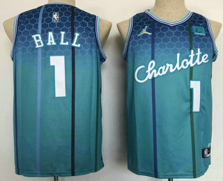 Men's Charlotte Hornets #1 LaMelo Ball Blue Jordan Diamond 2022 City Edition Swingman Stitched Jersey With Sponsor