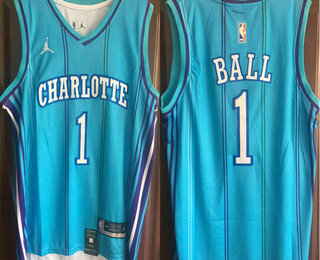 Men's Charlotte Hornets #1 LaMelo Ball Light Blue 2023 Brand Jordan Sponsor Swingman Jersey