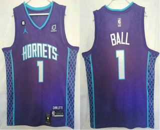 Men's Charlotte Hornets #1 LaMelo Ball Purple 2022 Brand Jordan Swingman Jersey With Sponsor