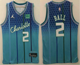 Men's Charlotte Hornets #2 Lamelo Ball Blue Jordan Diamond 2022 City Edition Swingman Stitched Jersey With Sponsor