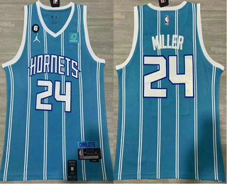 Men's Charlotte Hornets #24 Brandon Miller Blue 6 Patch Sponsor 2023 Icon Edition Stitched Jersey