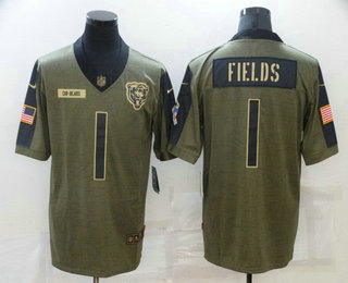 Men's Chicago Bears #1 Justin Fields 2021 Olive Salute To Service Limited Stitched Jersey