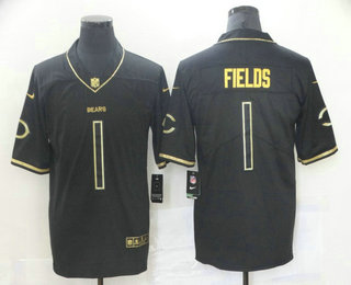 Men's Chicago Bears #1 Justin Fields Black 100th Season Golden Edition Jersey