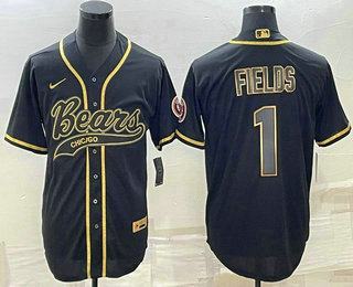 Men's Chicago Bears #1 Justin Fields Black Gold With Patch Cool Base Stitched Baseball Jersey