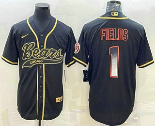 Men's Chicago Bears #1 Justin Fields Black Gold With Patch Smoke Cool Base Stitched Baseball Jersey