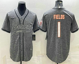 Men's Chicago Bears #1 Justin Fields Grey Gridiron With Patch Cool Base Stitched Baseball Jersey