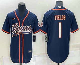 Men's Chicago Bears #1 Justin Fields Navy Blue Stitched MLB Cool Base Nike Baseball Jersey