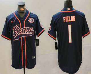 Men's Chicago Bears #1 Justin Fields Navy Throwback With Patch Cool Base Stitched Baseball Jersey