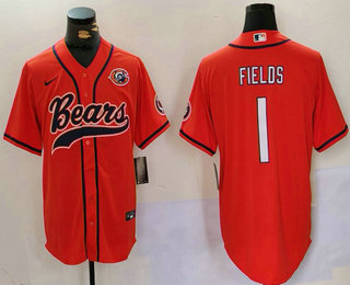 Men's Chicago Bears #1 Justin Fields Orange Throwback With Patch Cool Base Stitched Baseball Jersey