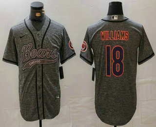 Men's Chicago Bears #18 Caleb Williams Grey Gridiron With Patch Cool Base Stitched Baseball Jersey