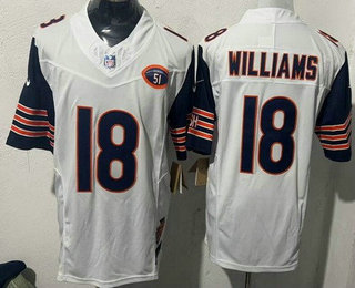 Men's Chicago Bears #18 Caleb Williams Limited White Illinois 51 Patch FUSE Vapor Jersey