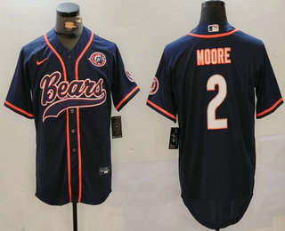 Men's Chicago Bears #2 DJ Moore Navy Throwback With Patch Cool Base Stitched Baseball Jersey