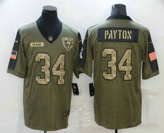 Men's Chicago Bears #34 Walter Payton 2021 Olive Camo Salute To Service Limited Stitched Jersey