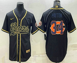 Men's Chicago Bears #34 Walter Payton Black Gold Team Big Logo With Patch Cool Base Stitched Baseball Jersey