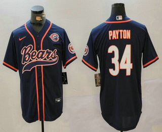 Men's Chicago Bears #34 Walter Payton Navy Throwback With Patch Cool Base Stitched Baseball Jersey