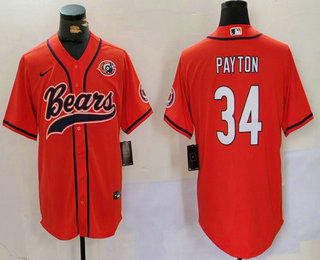 Men's Chicago Bears #34 Walter Payton Orange Throwback With Patch Cool Base Stitched Baseball Jersey