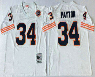 Men's Chicago Bears #34 Walter Payton White With Bear Patch Throwback Jersey by Mitchell & Ness