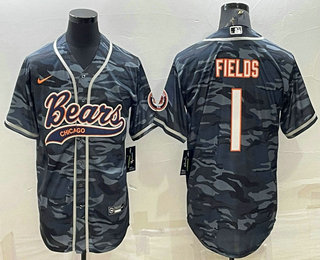 Men's Chicago Bears Blank #1 Justin Fields Grey Camo With Patch Cool Base Stitched Baseball Jersey 001