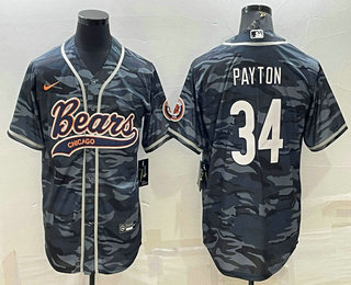 Men's Chicago Bears Blank #34 Walter Payton Grey Camo With Patch Cool Base Stitched Baseball Jersey 01